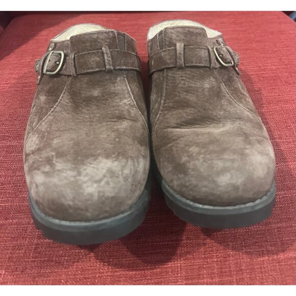 UGG 1910 Lili Brown Shearling Buckle Slip On Clogs Mules Comfort Shoe Size 9 - Picture 10 of 11